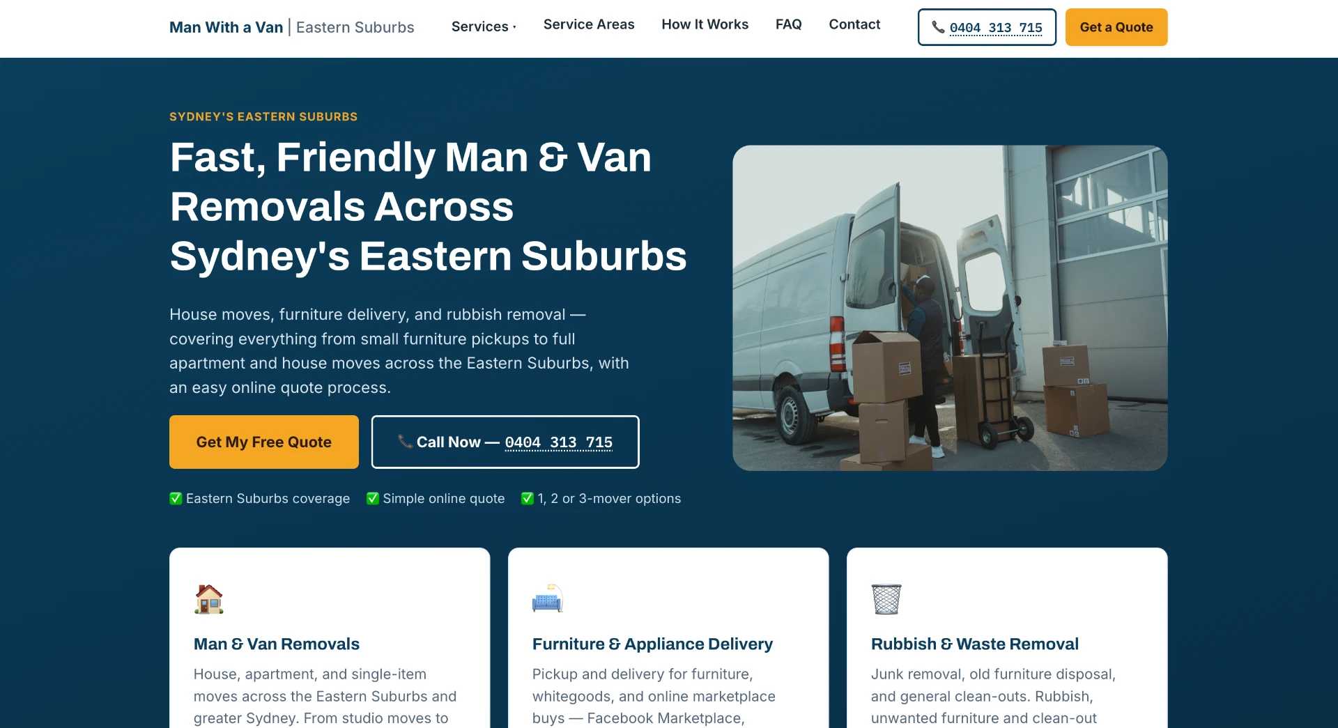 Man With a Van Eastern Suburbs website homepage showing removals hero and quote call-to-action